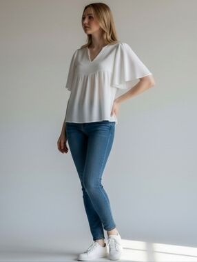 Mystree V-Neck Flutter Sleeve Gauzy Rayon Blouse White S Feminine